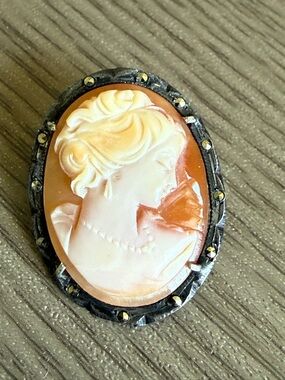 Antique Art Deco 800 silver genuine carved shell cameo marcasite pendant brooch